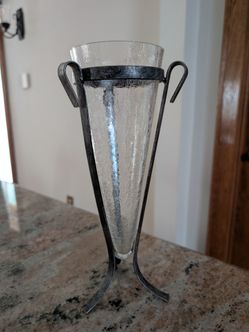 Crackled glass with metal stand vase or candle holder