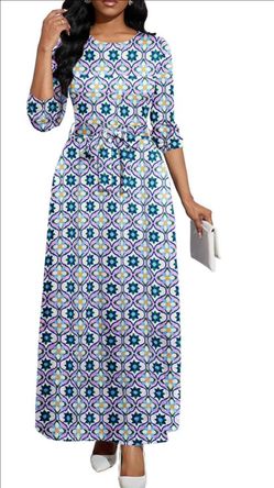 Floral Geometric Print Belted Maxi Dress