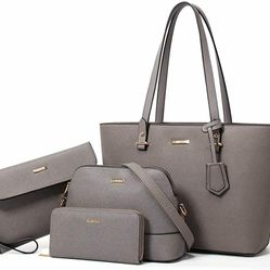 Women Fashion PU Leather Handbags Tote Bag Shoulder Top Handle (Grey) Set 4pcs