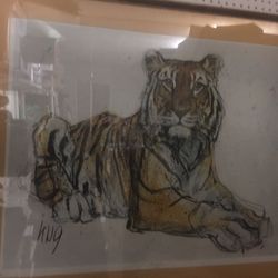 Large framed- vintage sighed TIGER PAINTING