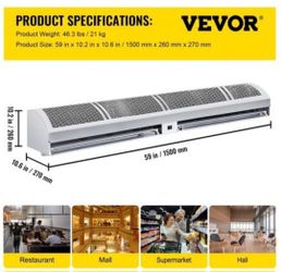59 Inch Air Curtain, 2 Speeds 2285/2515 CFM Commercial Indoor Air Curtain, Air Curtains for Doors with 2 Limited Switches, 110V Unheated

New open box