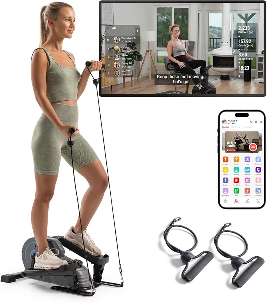 Smart Mini Elliptical – Low Impact Cardio Quiet Magnetic Resistance (8 Levels) Compact for Home or Office LCD Display Bluetooth SunnyFit App Compa