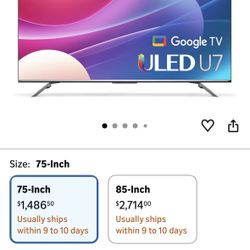 Hisense 75” U7H 4K Smart TV IMAX Dolby Vision Wall Mount (Included)