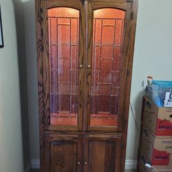 Solid Oak Lighted China Cabinet / Curio - Made In USA