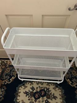 3 Tier Heavy Duty White Metal Rolling Cart with Lockable Wheels, Three Tier Roller Book Snack Cart, Utility Storage Organizer Carts for Kitchen, Bathr