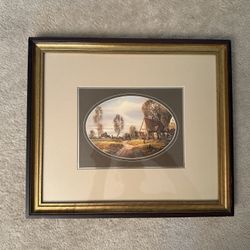 Vintage Framed Landscape Print, Pastoral Scene, Oval Medallion 