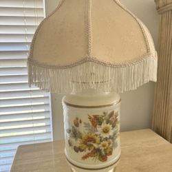 Vintage Floral Glass Table Lamp with Fringe Shade, Elegant Antique Decor