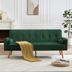 Mid-Century Convertible Futon Sofa Bed,Modern Linen Fabric Small Loveseat,Folding Sleeper Couch Bed Green