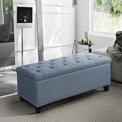 48 inch (W) Rectangular Storage Ottoman Bench Linen Fabric Tufted Footrest Flip Top for Bedroom and Livingroom, Light Blue