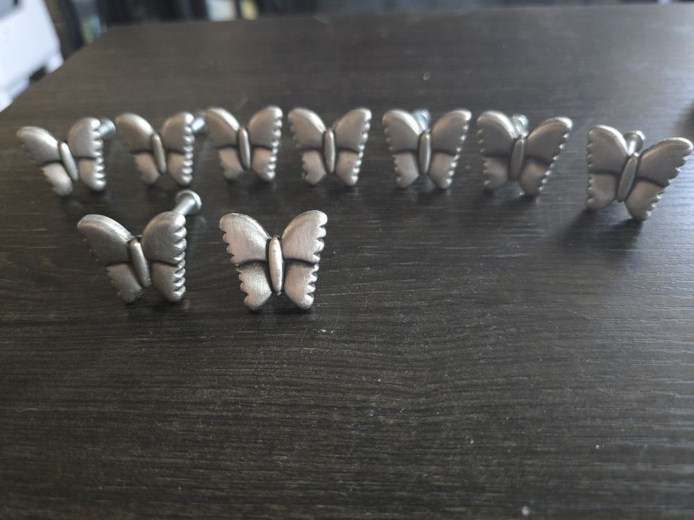 9 metal butterfly dresser draw or cabinet knobs, 8 screws