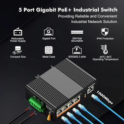 MokerLink 5 Port PoE Gigabit Industrial DIN-Rail Ethernet Switch, 14Gbps Switching Capacity, IP40 Rated Network Switch (-40 to 185°F), with UL Power S