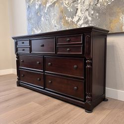 69” Wide 40” Extra Tall Ornate ASHLEY Brown 7 Dovetail Drawer Dresser Or Credenza 
