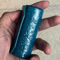 Teal Embossed Lipstick Case w/ Built-In Mirror – Compact Leather Makeup Holder