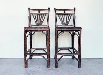 Pair of Authentic Palm Regency Faux Turtoise  Chippendale Bar Chairs