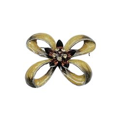 Bow Loop Pendant Brooch Pin, Silver Plated Metal, Fall Earthy Colored, Dijon Mustard Enamel, Glass Rhinestones, Retro Vintage Jewelry Gift