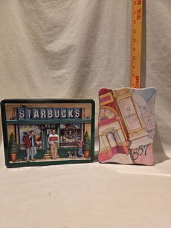 Collectable tins, lot of vintage containers, "Starbucks" & "Neuhaus"