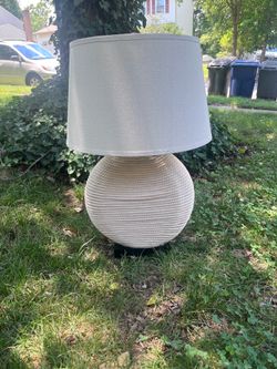 Large Beachy Coastal Nautical Themed Rope-Wrapped Sphere Table Lamp with Off-White Linen Drum Shade