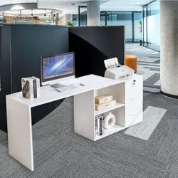 White L Shaped 55in Desk with Lock Drawers Storage, Shelves, Rotating, Power Strip New 