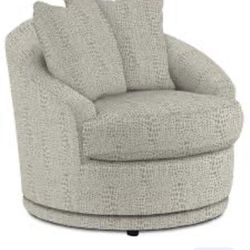 Popular Swivel Barrel Chair White and Gray with two matching pillows. Super cozy and easy to fit in any room