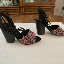 Indigo Rd. Embroidered Faux Suede High Heel Lace Up Sandals - Black with Multicolor - Size 8.5M