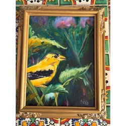 Original Oil Painting Bird in Garden Yellow Goldfinch Artist Andrea Jeris Framed