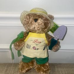 GALERIE AU CHOCOLAT Rose Gardening Plush Teddy Bear Straw Hat Holding Trowel NWT