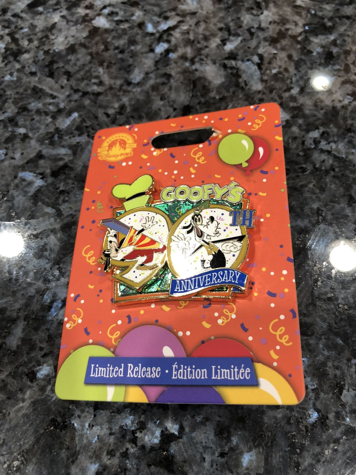 Disney Pin 2022 Goofy's 90th Anniversary Trading Pin. Limited release. Brand new on original card. Smoke free home