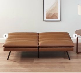 Tan Faux Leather Convertible Futon Sofa Bed