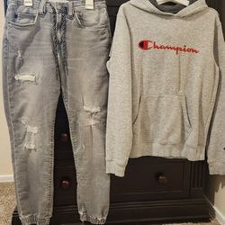 Youth Boys Set: Sweater With Hood, Tee-shirt Size XL And Jeans Champion Brand
