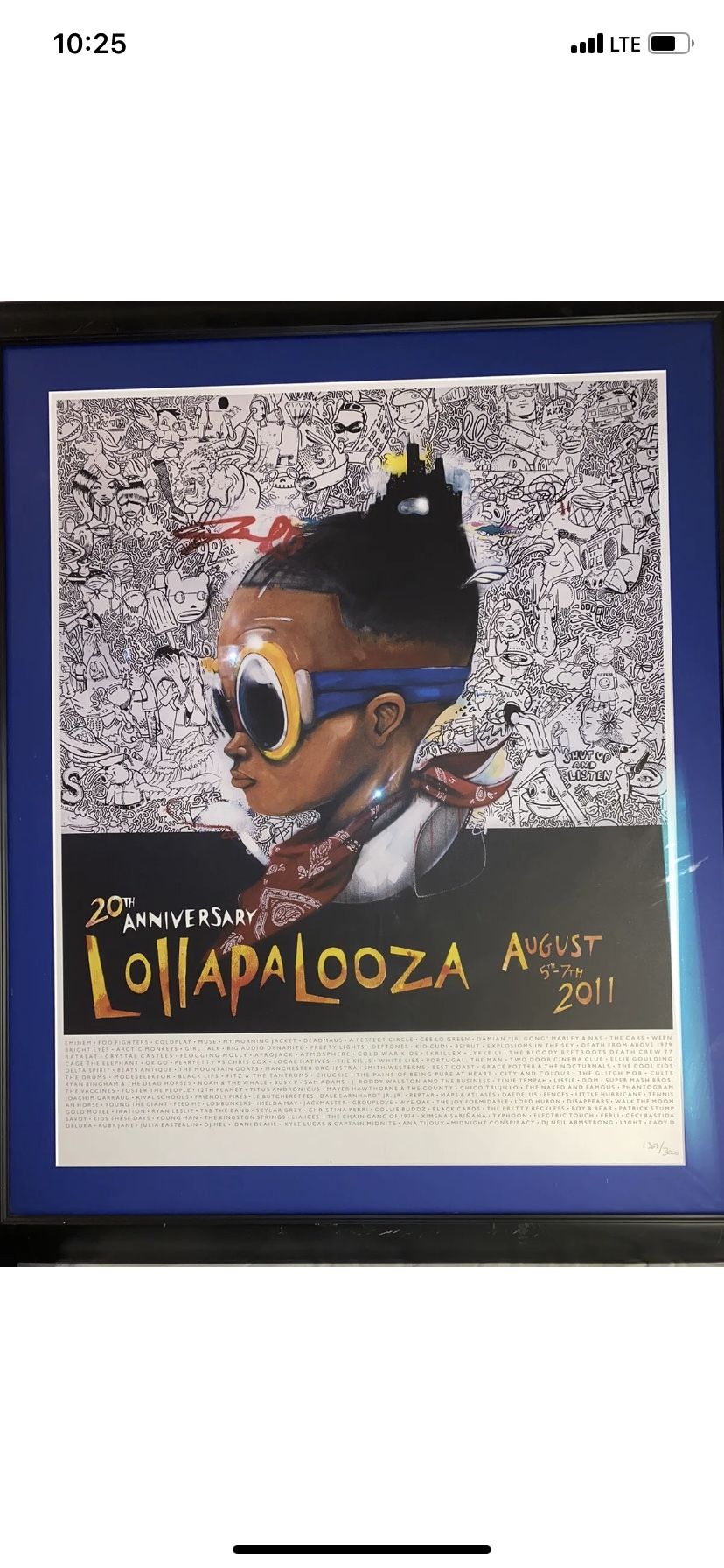 Lollapalooza 2011 20th Anniversary Hebru Brantley Poster Eminem Coldplay NoFrame