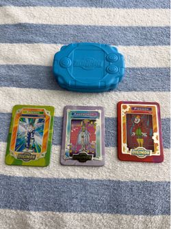 Vintage 2000 Digimon Taco Bell Promo - Blue Digivice Case & 3 Metal Trading Cards (Angemon, Angewomon, Piedmon)