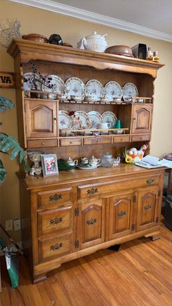 Antique solid maple two-piece china hutch