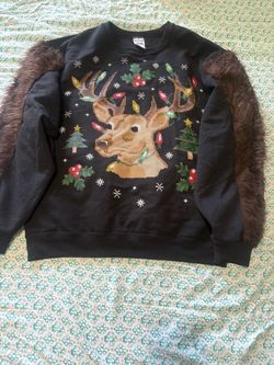 Ugly Christmas Reindeer Sweatshirt with Faux Fur Sleeves