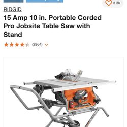 RIDGID 15 Amp 10 in. Portable Corded Pro Jobsite Table Saw with Stand
