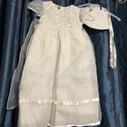 Elegant White Dress with Matching Bonnet for Baptism 6 months 