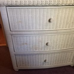 Beautiful Wicker Bedroom Dresser & 2 White Matching Wicker Nightstands With White Wall mirror For Over Dresser