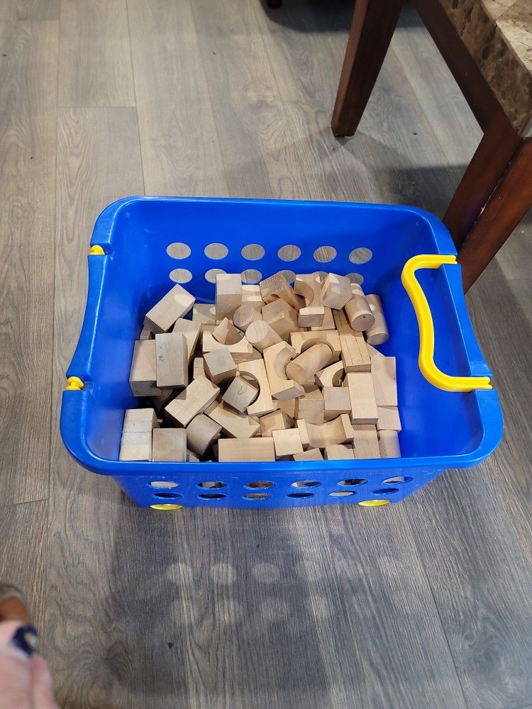Big Bin Of Assorted Antique Wood Building Blocks. 