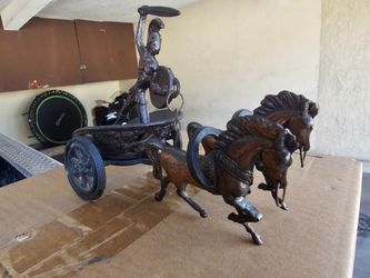 Roman Gladiator on Chariot with Horses Copper tone Bronze Figure