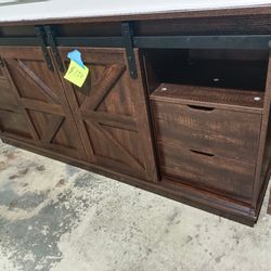 Farmhouse TV Stand for Living Room, Entertainment Center with Sliding Barn Doors & 4 Storage Drawers, Adjustable Shelves Rustic Media Console for Bedr