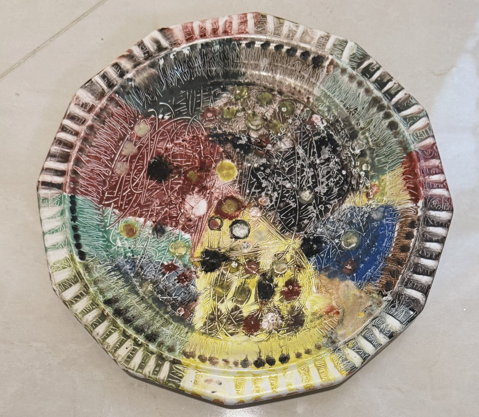 Handmade Art Pottery Plate - Abstract Multicolor Ceramic Wall Art