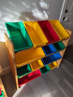 Children’s toy storage shelves with bins - solid wood frame