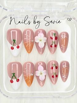 Acrylic Handmade Cherry Floral Press-On Nails Set