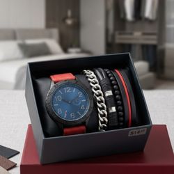 Men's Quartz Red Fabric Strap Watch & Bracelet Set
