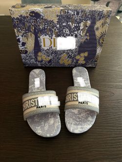 CD Women's Gray Toile de Jouy Slides | Sizes 6,7,8 | In Box
