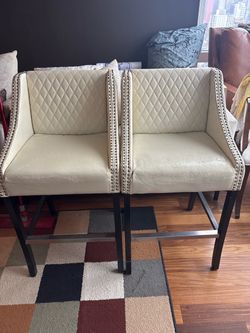 Set of 2 Cream Leather Bar Stools with Nailhead Trim