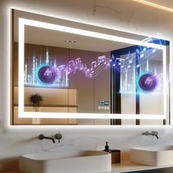 Smart LED Bathroom Mirror: 63”x32” Long Wall Mounted Vanity Mirror with Bluetooth Speaker and Digital Display - Extra Wide Lighted Makeup Mirror with 
