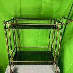 Mid Century Bar Cart. Metal Frame with Painted Glass Shelves