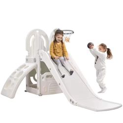 4-in-1 Toddler Climber and Slide Set with Basketball Hoop, Kids Climber and Bus Playhouse Slide Playset,