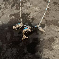 925 Sterling Silver Dolphin, Fish & Sea Shell Charm Necklace 