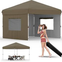 NEW 10x10 Pop Up Canopy Tent Outdoor Canopy with 3 Removable Sidewalls One-Person Set Up Heavy Duty Commercial Instant Tent Shelter-Brown